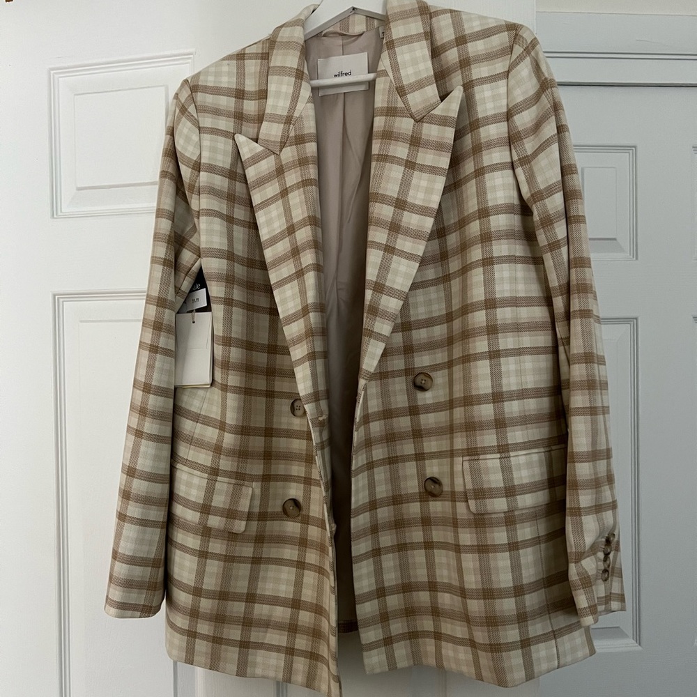 Aritzia Plaid Double-Breasted Blazer in Cream and Brown
